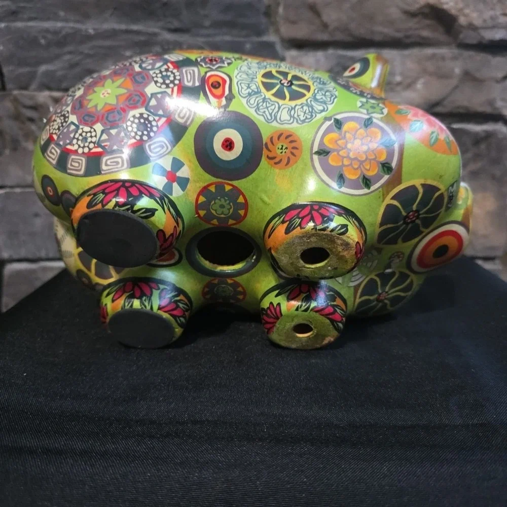Vintage Pottery Piggy Bank Hippie Retro Flower Art